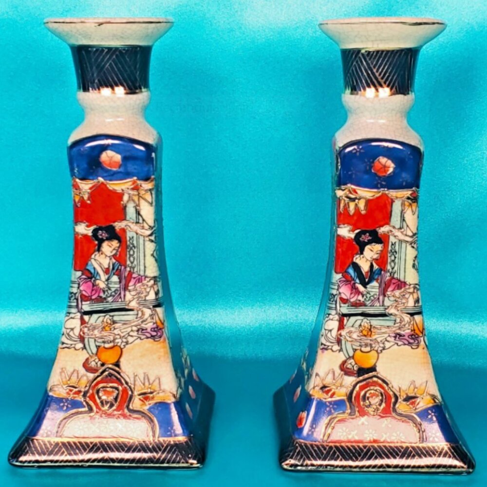 Satsuma Candlestick Holders, Elegant Geisha Design, Japan